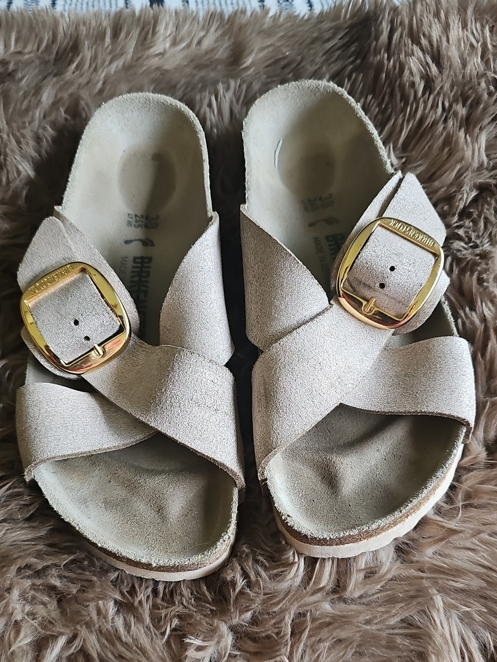 Birkenstock SiennaTaupe/gold Shimmer  Suede Crossover Sandals with Gold Buckles